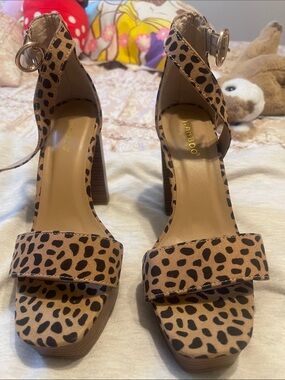 BAMBOO Leopard Print Ankle Strap Block Heel Sandals